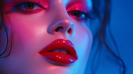 Fototapeta premium A close-up face and makeup of an attractive woman with vibrant pink eyeshadow, bright red lipstick, against a blue background. The focus is on her eyes that sparkle under soft lighting. 