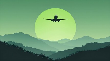 a minimalist and modern wallpaper featuring a silhouette of an airplane flying over rolling hills against a soft green gradient sky