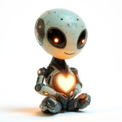 Fototapeta premium Cute Robot Character with Heart Symbol Sitting and Smiling