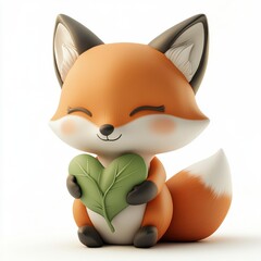 Obraz premium Cute Cartoon Fox Holding Green Leaf in a Playful and Adorable Style