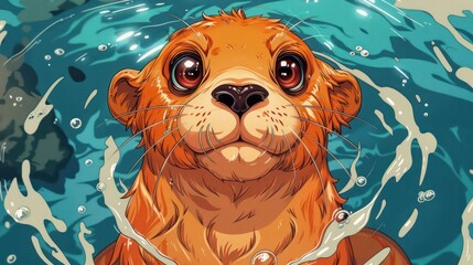 Naklejka premium A cute otter emerging from water, showcasing its playful nature and vibrant colors.
