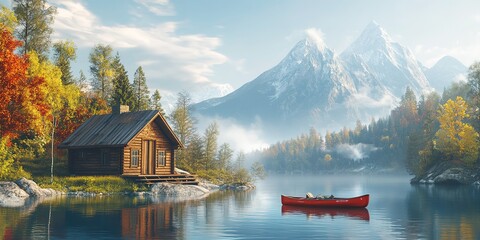 Fototapeta premium Scenic Lakefront Cabin with Mountain Views and Calm Waters