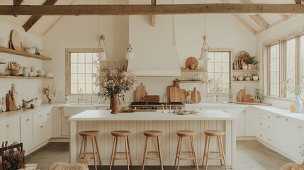 Farmhouse kitchen island, neutral decor, large windows, autumnal background, home design