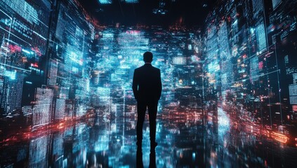 Businessman contemplates digital city data visualization