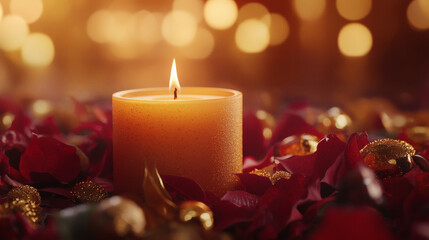 Glowing candle among crimson petals with golden bokeh light creating peaceful festive ambiance in warm romantic setting