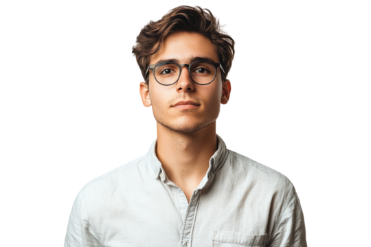 Serious young man wearing glasses and light shirt looking confidently isolated on white or transparent, PNG