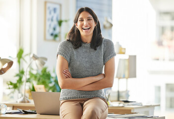 Woman, happy and arms crossed in office at startup with pride, confident and excited at media...