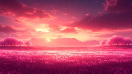 Pink Sunset Over Field Of Flowers And Trees