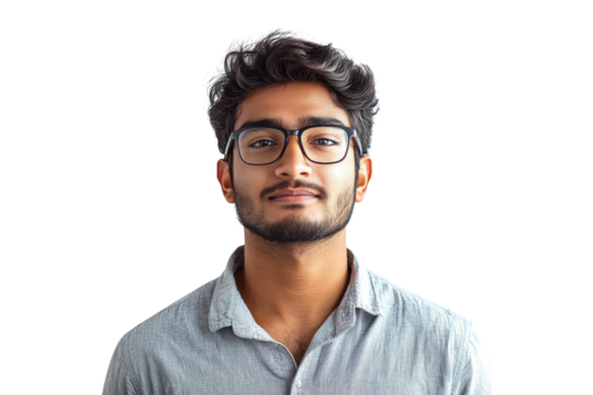 Serious young man wearing glasses and light shirt looking confidently isolated on white or transparent, PNG