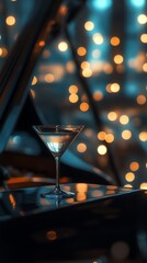 Elegant jazz evening in a luxurious restaurant with soft blue lighting. A martini glass in focus, while a double bass and piano blur beautifully in the bokeh background. Sophisticated 8K ambiance