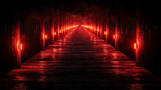 Red-lit wooden bridge path at night, mysterious background, horror game asset