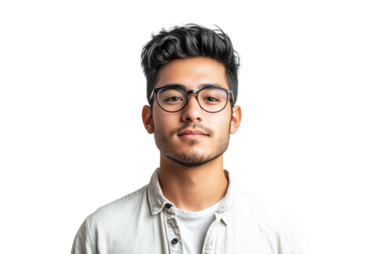 Serious young man wearing glasses and light shirt looking confidently isolated on white or transparent, PNG