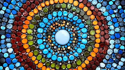 Colorful Decorative Mosaic Design with Circular Patterns and Stones