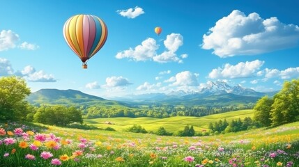 Naklejka premium Hot air balloon over spring meadow, mountains