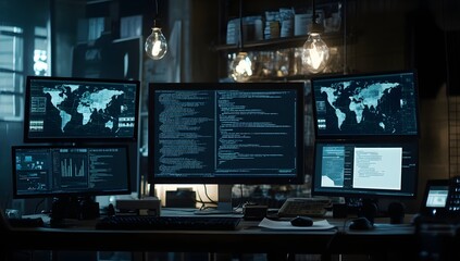 Dark room, multiple screens, hacking, global view