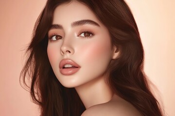 Fototapeta premium Beautiful woman with long dark brown hair, big eyes, and full lips is the focus of a beauty product advertisement. She wears minimal makeup.