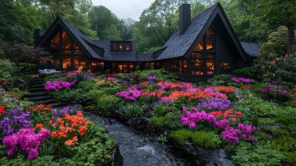 Mountain home garden twilight flowers stream