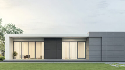 Fototapeta premium Modern architectural design featuring a sleek house with large windows in a serene landscape
