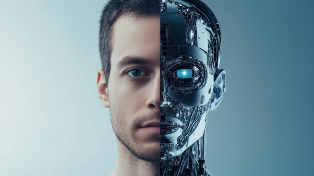 Man merging with artificial intelligence: robotic half face integration