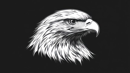 Detailed close-up graphic illustration of an eagle's head, side view, in black and white, on a dark background.