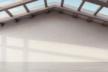 Obraz premium Bright and airy attic space with wooden beams and natural light filling the room
