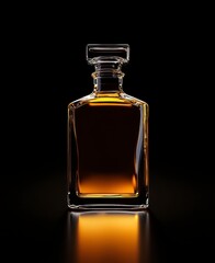 glass perfume bottle with golden liquid inside, illuminated by soft light against a black background. The bottle is in front of the viewer and has a square shape. 