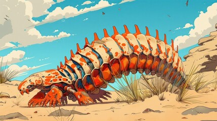 A colorful, fictional creature resembling a giant insect in a desert landscape.