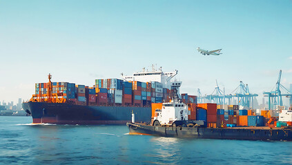 Fototapeta premium a digital composite featuring a global logistics theme. In the foreground, a large cargo ship loaded with multicolored shipping containers
