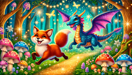 Fr&ouml;hlicher Fuchs und Drache im funkelnden M&auml;rchenwald