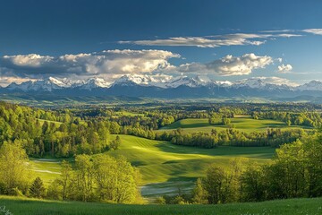panoramic view of the Alps, with majestic mountains in the background and lush green meadows below. The sky is blue with fluffy white clouds adding to its picturesque charm.
