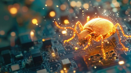 Cybersecurity threat concept, Digital bug crawling on a circuit board
