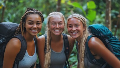 Fototapeta premium Three Happy Hikers in Lush Rainforest