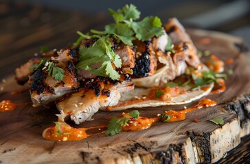 Flavorful Kimchi Tacos with Grilled Pork, Spicy Mayo, and Fresh Cilantro on Rustic Wooden Board