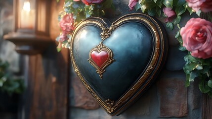 Elegant and luxurious Valentine heart card featuring a black and gold color scheme with shimmering foil accents ultra-detailed design