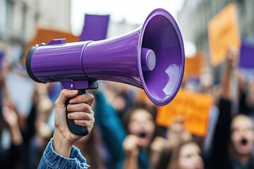 Purple megaphone held high at protest. Image depicts activism, advocacy, and social movements.