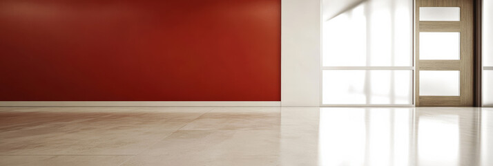Modern interior design with red accent wall and sleek flooring in spacious area