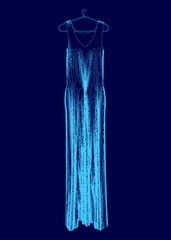 A blue dress hanging on a clothes hanger. The dress is long and flowing, with a V-neckline. The blue color of the dress is vibrant and eye-catching