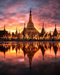 Naklejka premium Golden temple spires reaching into a pink-orange sunset sky, reflecting in a surrounding pond,