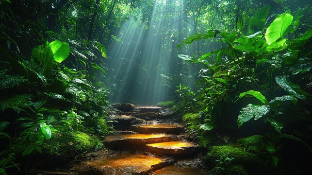 Serene forest pathway illuminated by sunlight filtering through dense foliage, inviting exploration - Powered by Adobe