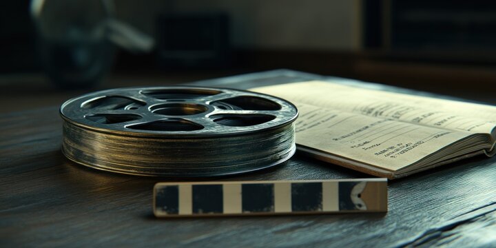 Vintage Film Reel, Clapperboard, and Script: A Nostalgic Glimpse into Classic Cinema