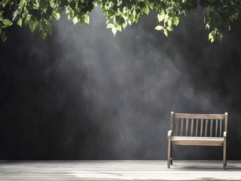 Wooden bench under leafy branches in a misty, serene setting during the early morning