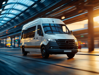 Airport shuttle van speeding through modern terminal building with glass roof during sunset transit transportation service