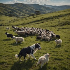 A border collie herding sheep on a vast, green hillside.