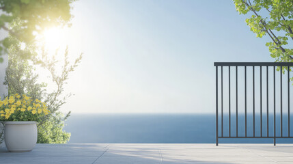 Beautiful ocean view from a balcony with vibrant flowers under a clear blue sky