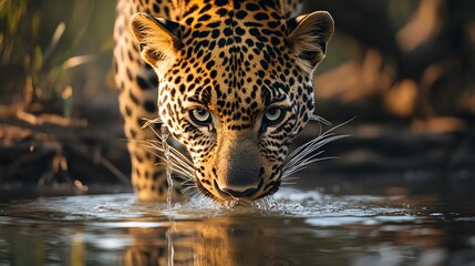 Leopard View of a drinking water from a lake