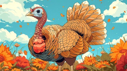 A vibrant, cartoon-style turkey stands among colorful flowers under a blue sky.