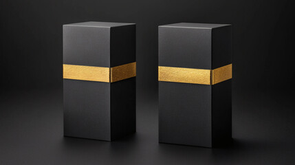 Black luxury gift box with gold stripe premium packaging design decorative on dark background reflection