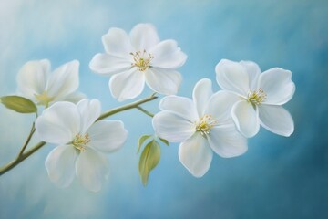 Fototapeta premium Delicate white flowers bloom against soft blue background, creating serene and joyful atmosphere. gentle petals and vibrant details evoke sense of tranquility and beauty. 