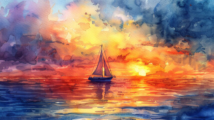 Sea Sailboat Lone Watercolor Illust Sunset Vast