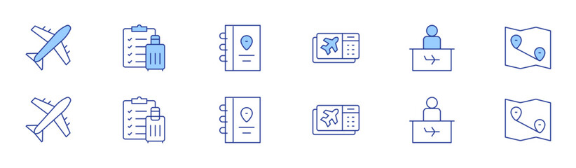 Travel icon set in two styles, Duotone and Thin Line style. Editable stroke. airplane, boarding pass, check in desk, check list, diary, map